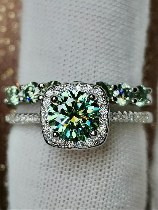 1.7ctw Green Round Moissanite Halo Bridal Set 925 Silver (Certified)