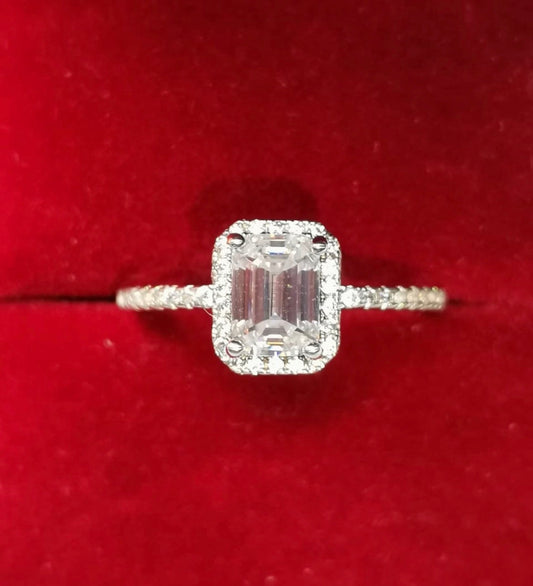 1ct Emerald Cut Moissanite Halo Ring — 925 Sterling Silver