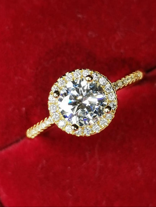 1ct Clear Round Moissanite Halo Ring — 925 Sterling Silver, Gold Plated