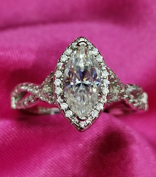 1ct Marquise Moissanite Halo Ring — 925 Sterling Silver