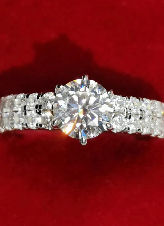 1ct Round Moissanite Ring with Pavé Shoulders — 925 Sterling Silver