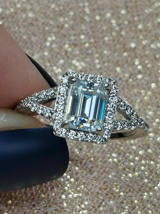 1ct Emerald Cut Moissanite Halo Ring 925 Silver Ring (Certified)