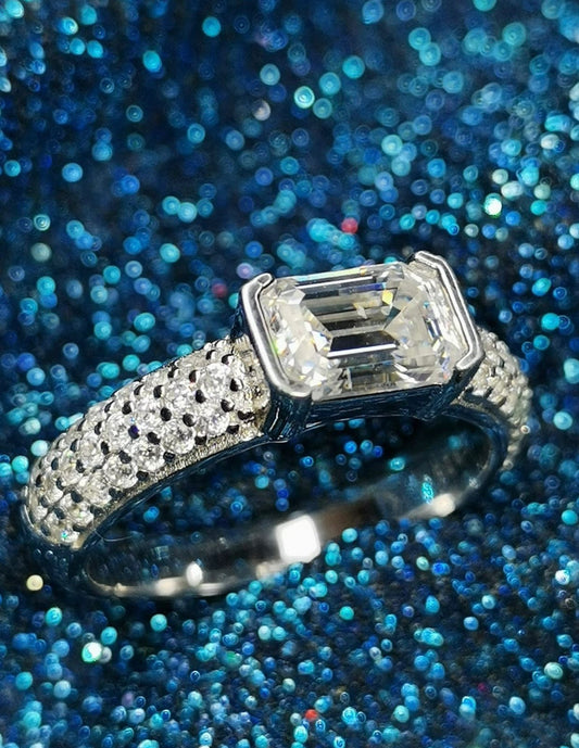 1ct Emerald Cut Moissanite East-West Pavé Ring — 925 Silver