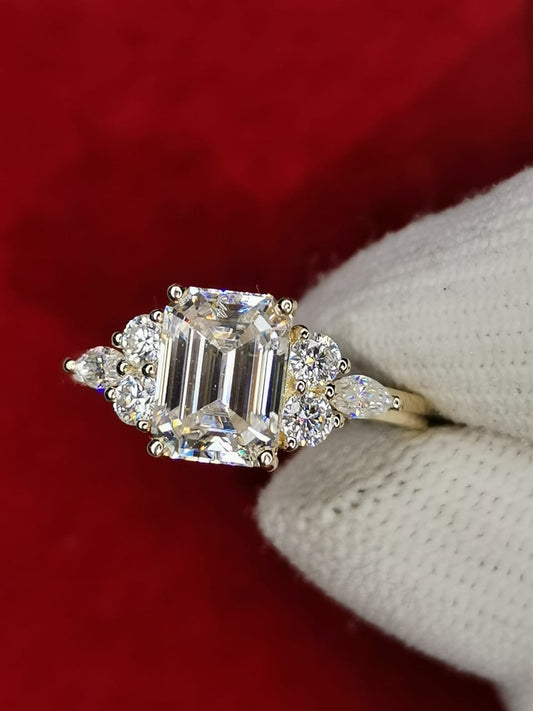 2ct Emerald Cut Moissanite Ring with Marquise & Round Accents — 9k Gold