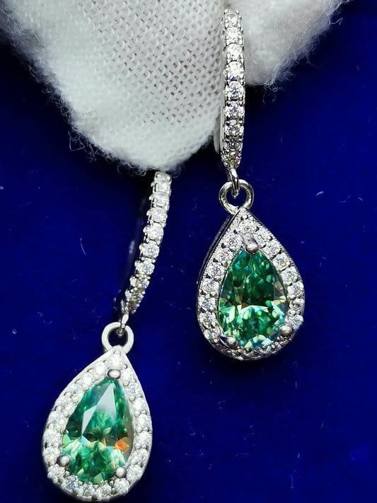 2ctw Green Pear Moissanite Halo Drop Earrings 925 Silver (Certified)