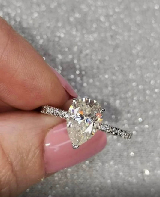 2ct Pear Moissanite Ring with Half Pavé Band — 925 Sterling Silver