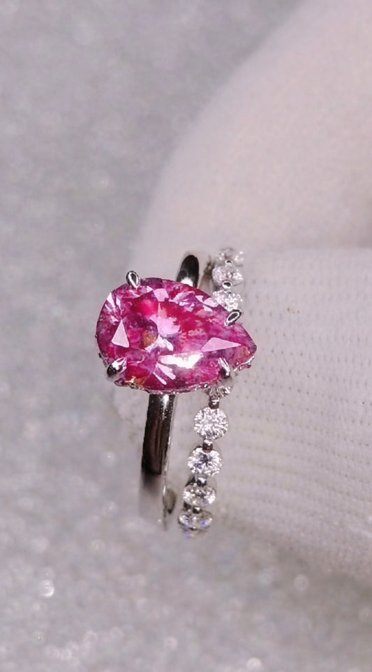 2ct Pink Pear Moissanite Ring with Hidden Halo + Half Eternity Band — 9k White Gold
