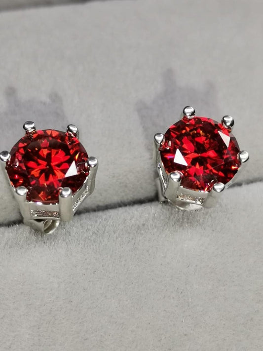 2ctw (2 x 1ct) Garnet Round Moissanite Stud Earrings — 925 Sterling Silver