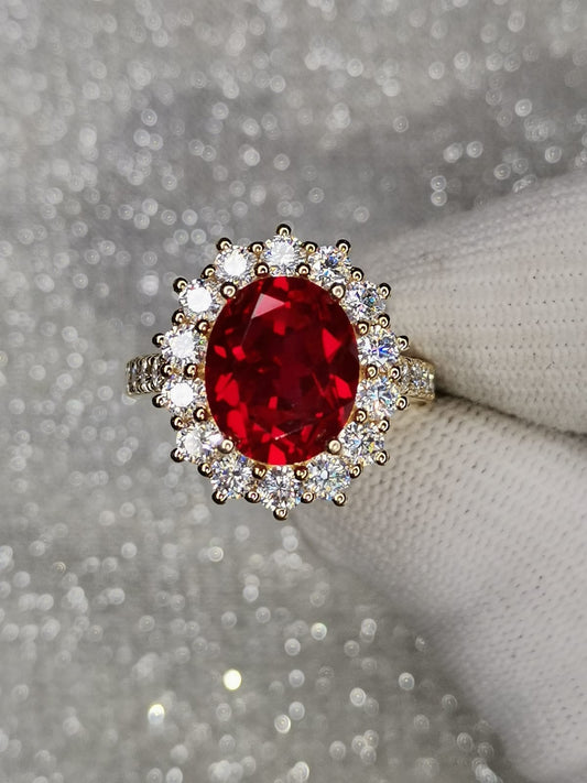5ct Oval Lab Created Ruby & Moissanite Halo Ring — 9k Gold