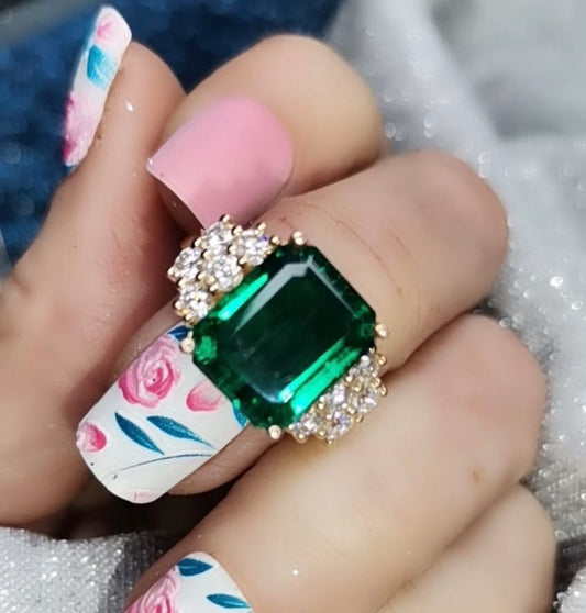 8ct Emerald cut Lab Created Emerald & Moissanite Ring — 9k Gold