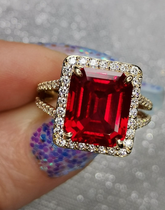8ct Emerald cut Lab Created Ruby & Moissanite Ring — 9k Gold
