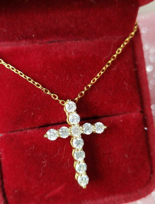 1.1ct Moissanite Cross Pendant + Free 925 Silver Chain set in Yellow Gold Plating