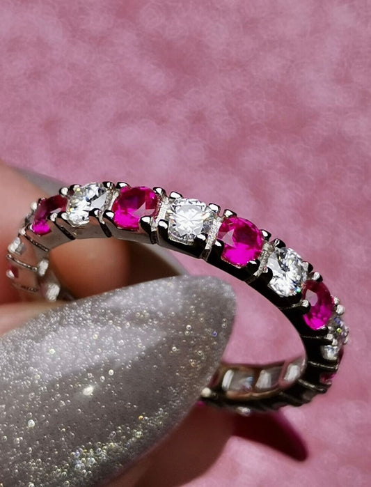 Lab Created Ruby and Moissanite Full Eternity Band — 925 Silver