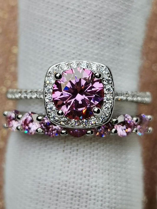1.7ctw Pink Round Moissanite Halo Bridal Set 925 Silver (Certified)