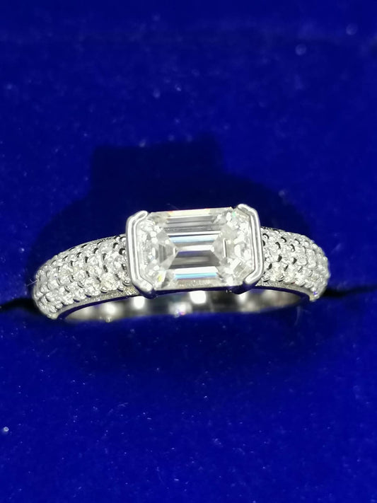 Emerald Cut Moissanite Pavé Band Ring 925 Silver Ring (Certified)