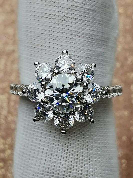 1ct Moissanite Cluster Halo 925 Silver Ring (Certified)