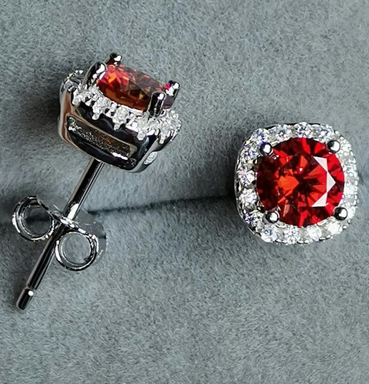 1ctw Garnet Round Halo Stud Earrings 925 Silver (Certified)