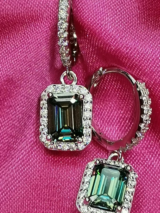 2ctw Green Emerald Cut Moissanite Halo Drop Earrings 925 Silver (Certified)