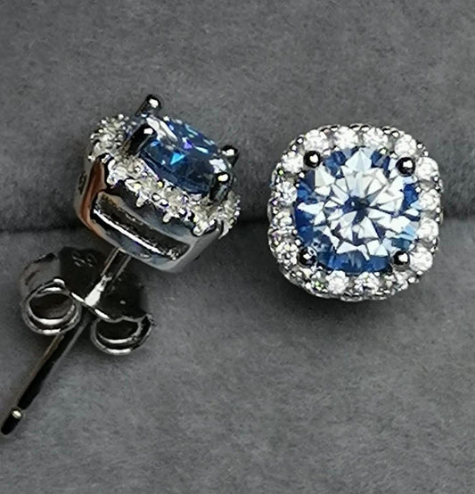 1ctw Ice Blue Round Halo Stud Earrings 925 Silver (Certified)